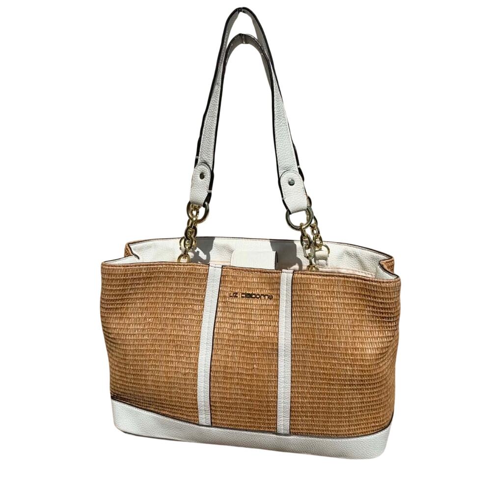 ☀️ Liz Claiborne Woven Straw & White Faux-Leather Shoulder Tote ☀️
